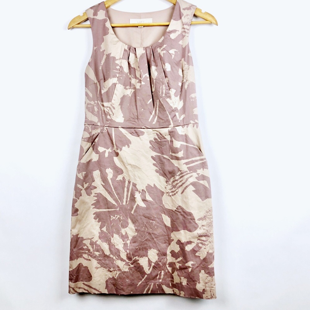 LOFT Sheath Dress 2 Petite Floral Muted Purple‎ Side Zip Pockets